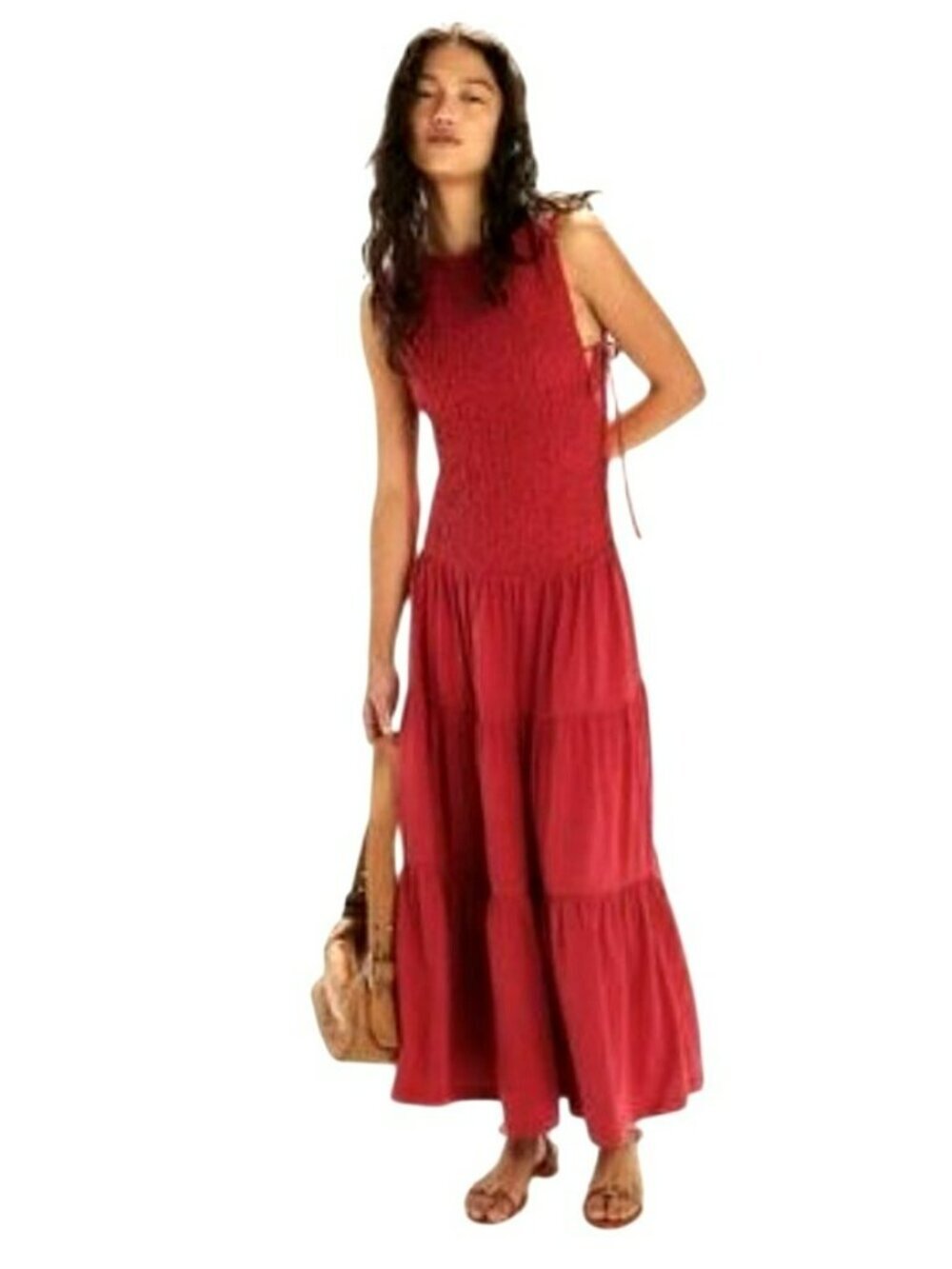 Free People Sterling Smocked Open Tie Side Tiered Maxi Dress Red Medium New